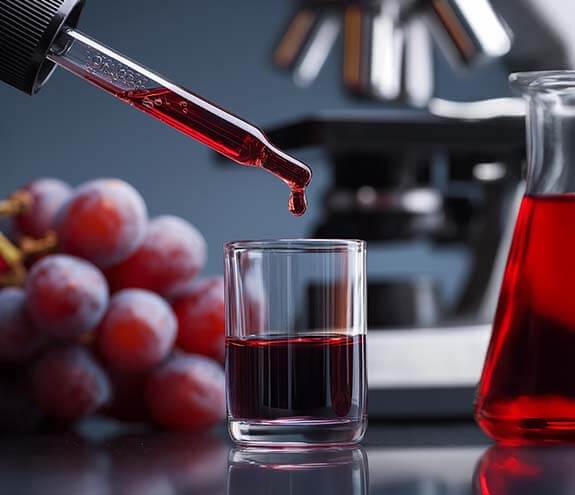 Gotero dejando caer una gota de vino tinto sobre un vaso, en un laboratorio profesional con uvas de fondo y un microscopio.
